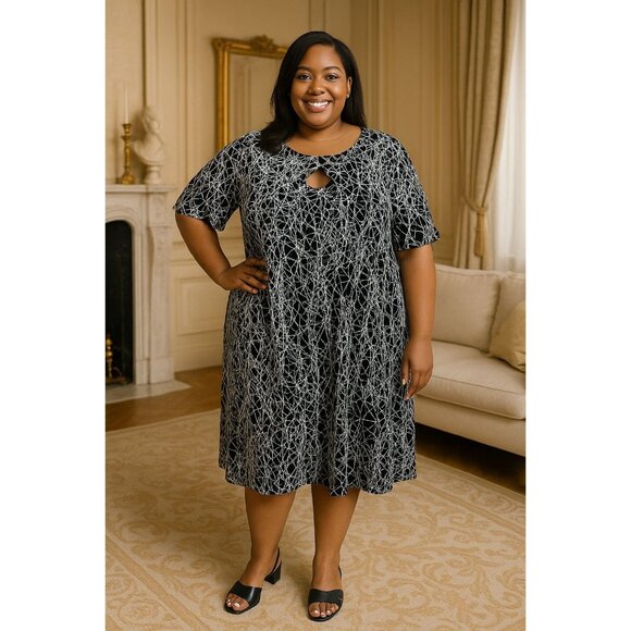 Avenue Plus Size 26/28 Dress Womens Black White Abstract Print Keyhole - Picture 10 of 10